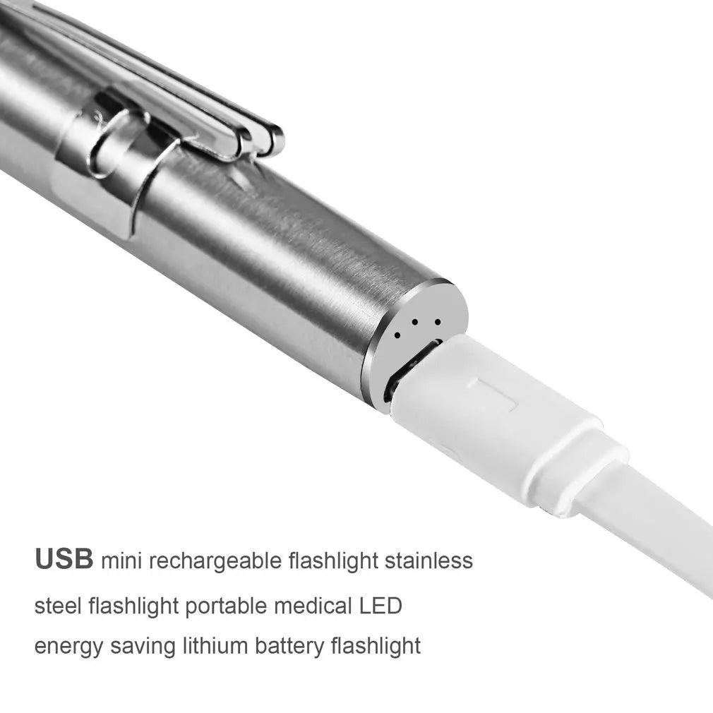 Energy-saving Portable Professional Medical Handy Pen Light USB Rechargeable Mini Flashlight LED Torch with Stainless Steel Clip
