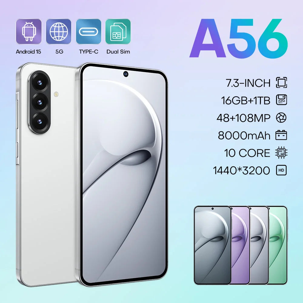Original Phone A56 16GB+1TB 5G Dual SIM Smartphone with Deca Core Processor 108MP Camera HD OLED Display CDMA Support Android 15