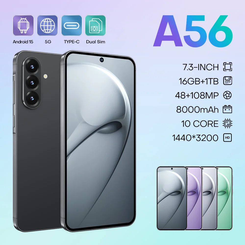 Original Phone A56 16GB+1TB 5G Dual SIM Smartphone with Deca Core Processor 108MP Camera HD OLED Display CDMA Support Android 15