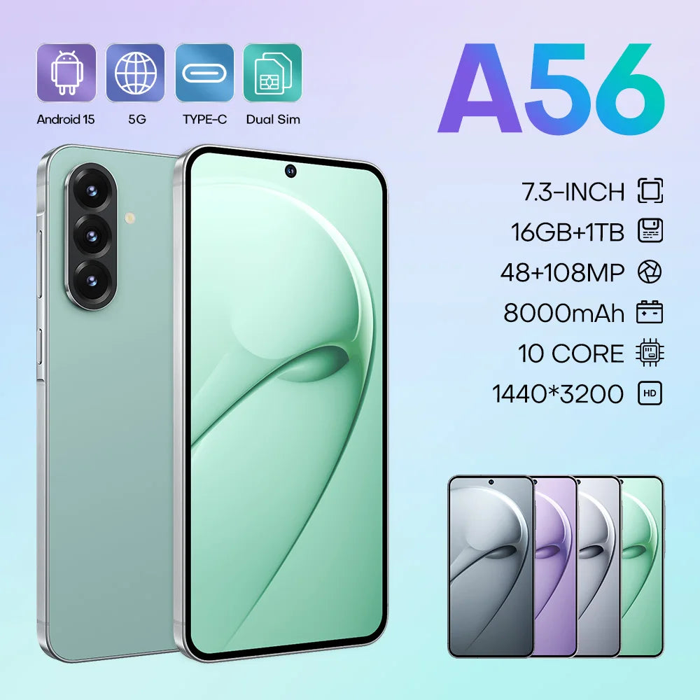 Original Phone A56 16GB+1TB 5G Dual SIM Smartphone with Deca Core Processor 108MP Camera HD OLED Display CDMA Support Android 15