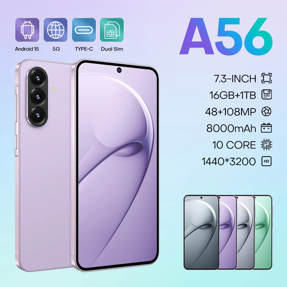 Original Phone A56 16GB+1TB 5G Dual SIM Smartphone with Deca Core Processor 108MP Camera HD OLED Display CDMA Support Android 15
