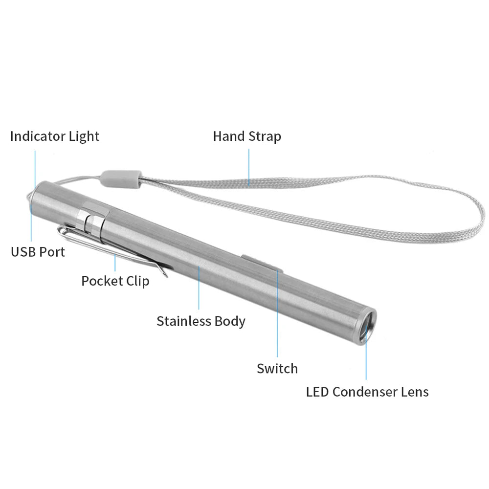Energy-saving Portable Professional Medical Handy Pen Light USB Rechargeable Mini Flashlight LED Torch with Stainless Steel Clip
