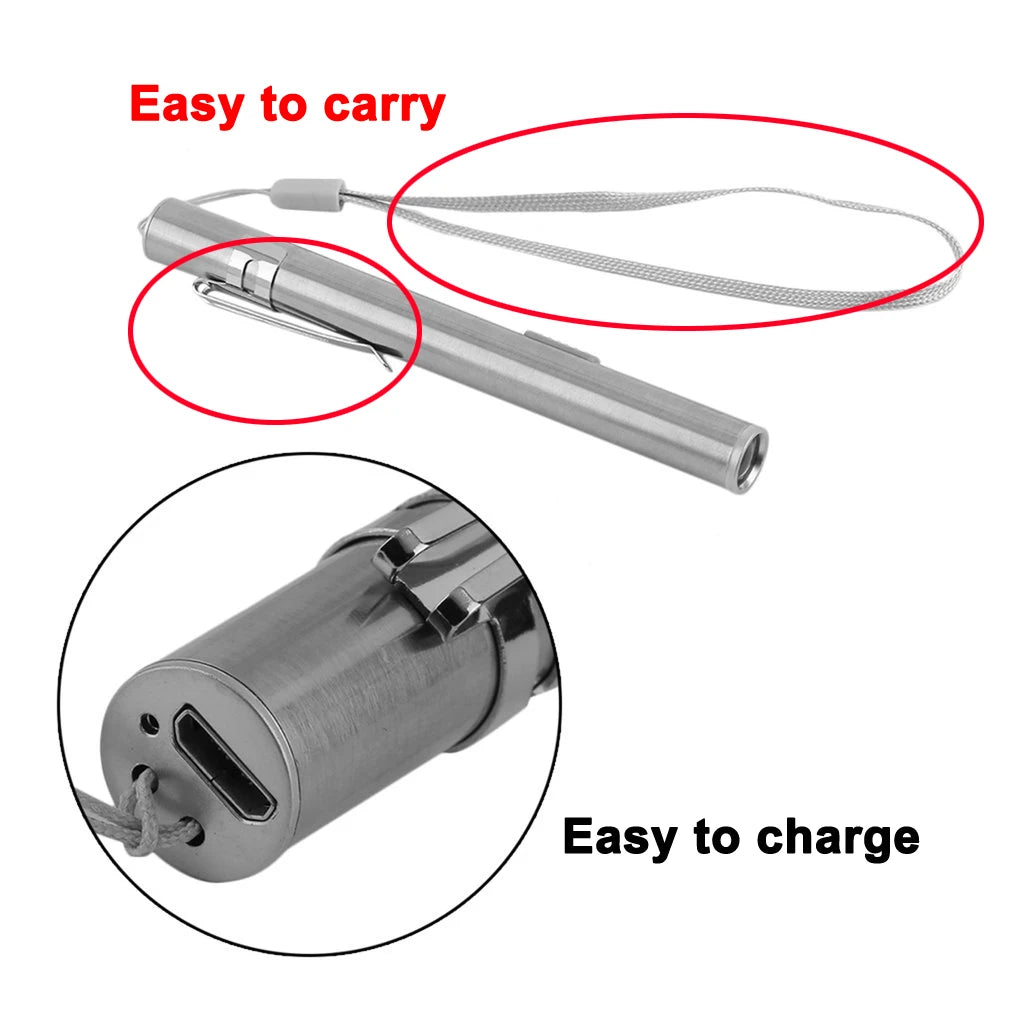 Energy-saving Portable Professional Medical Handy Pen Light USB Rechargeable Mini Flashlight LED Torch with Stainless Steel Clip