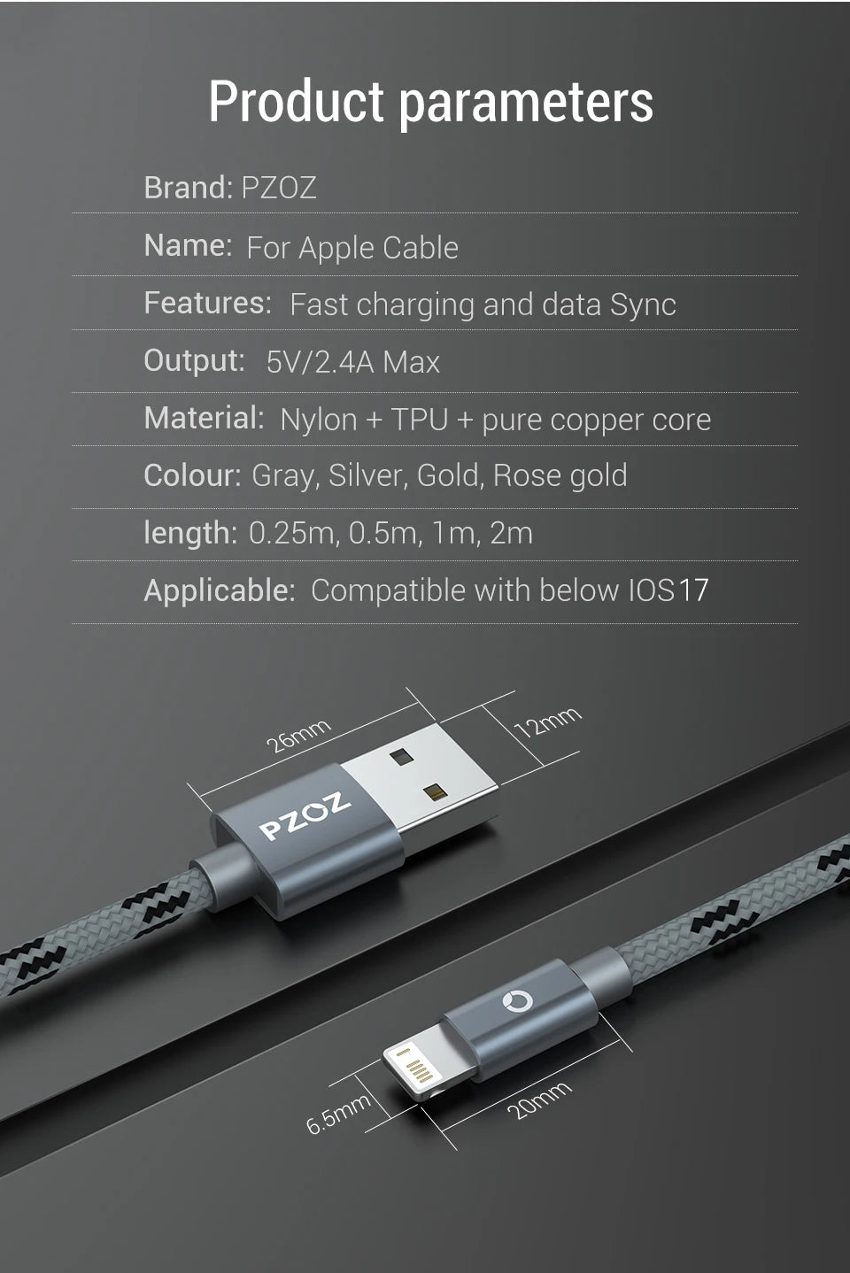 PZOZ 2m 3m Usb Cable For iPhone 14 13 12 11 pro max Xs Xr X SE 8 7 6s plus ipad air mini fast charging cable For iphone charger