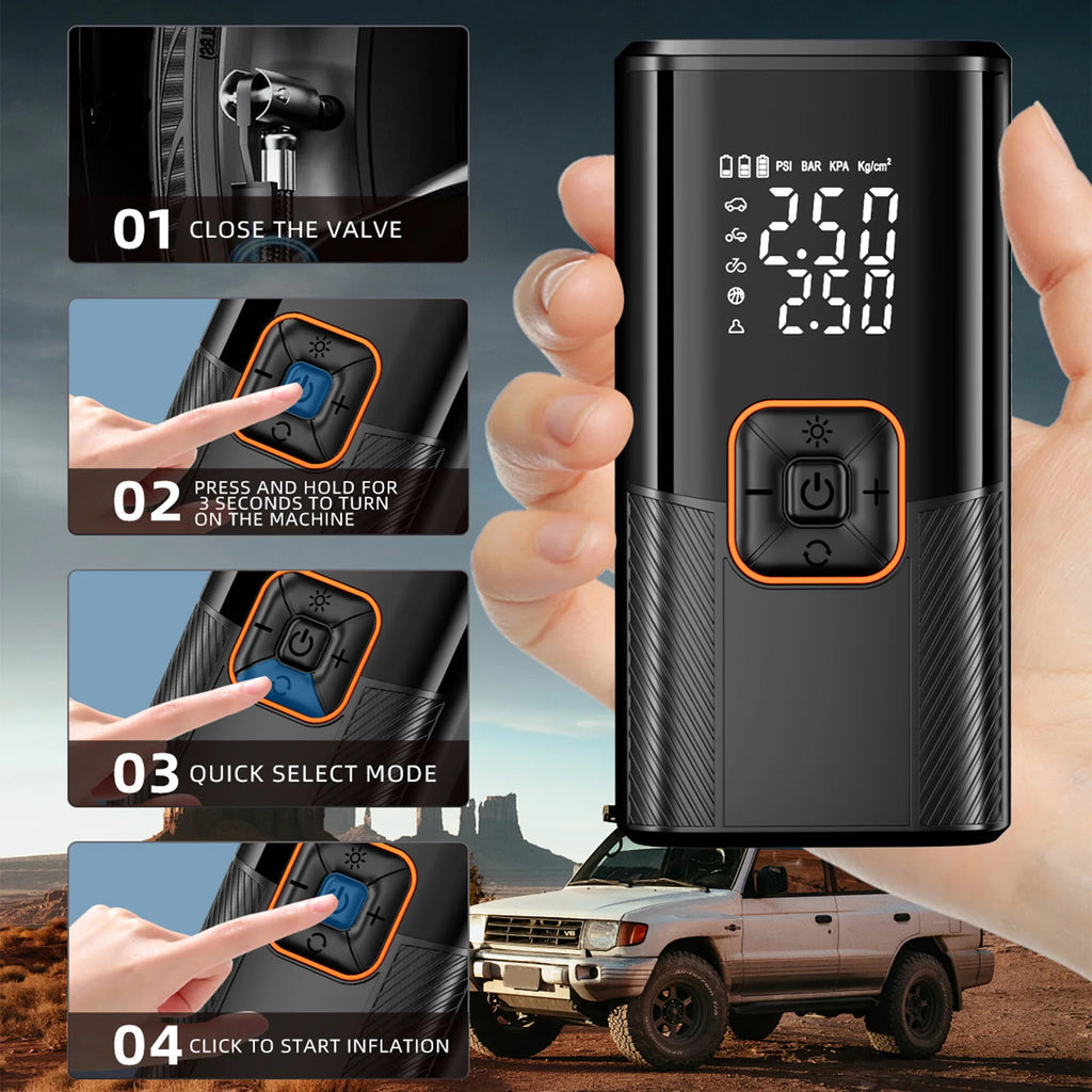 New Portable Cordless Air Pump For Car Tire Inflator With LED Light Large Capacity Battery USB C Fast Charging Electric Pump