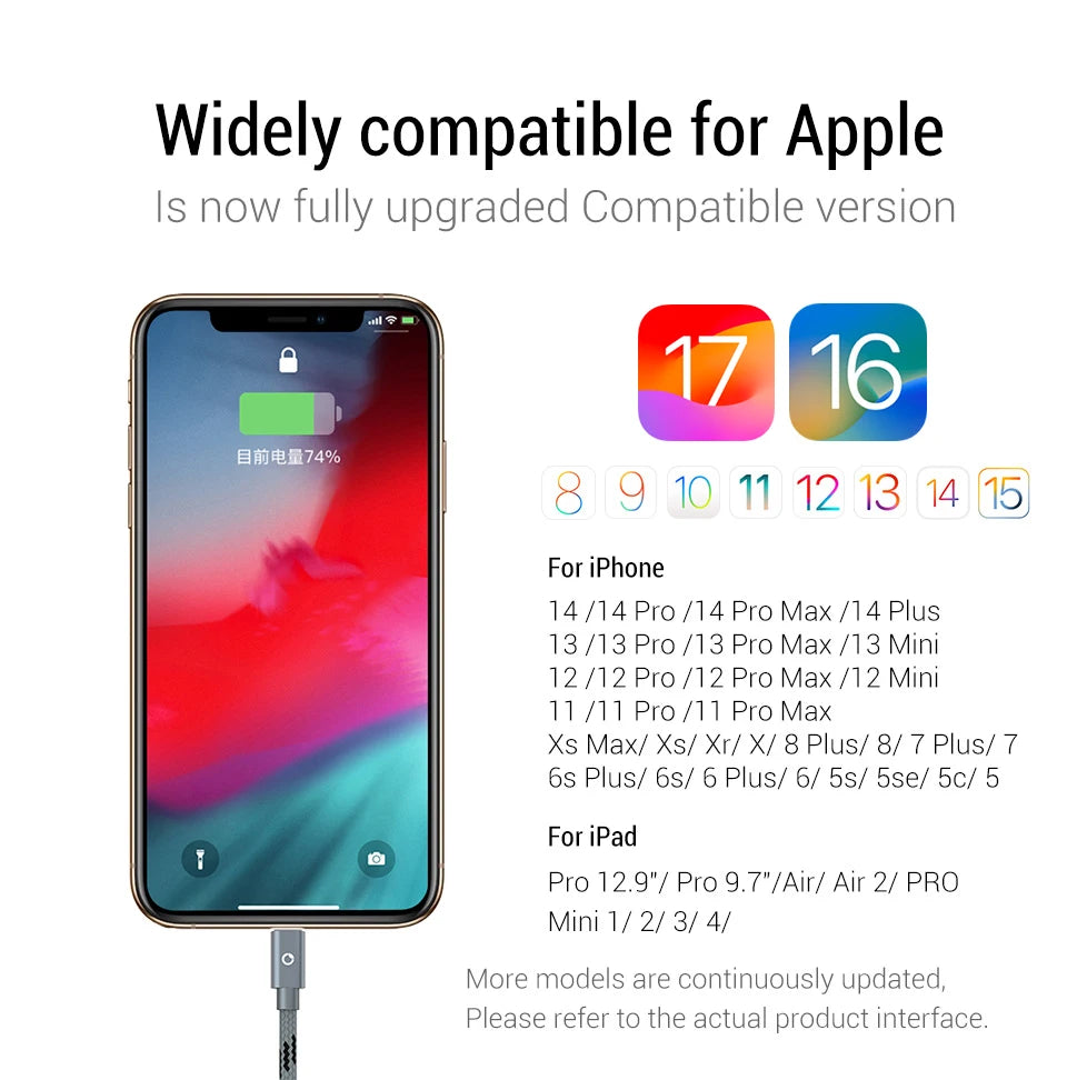 PZOZ 2m 3m Usb Cable For iPhone 14 13 12 11 pro max Xs Xr X SE 8 7 6s plus ipad air mini fast charging cable For iphone charger