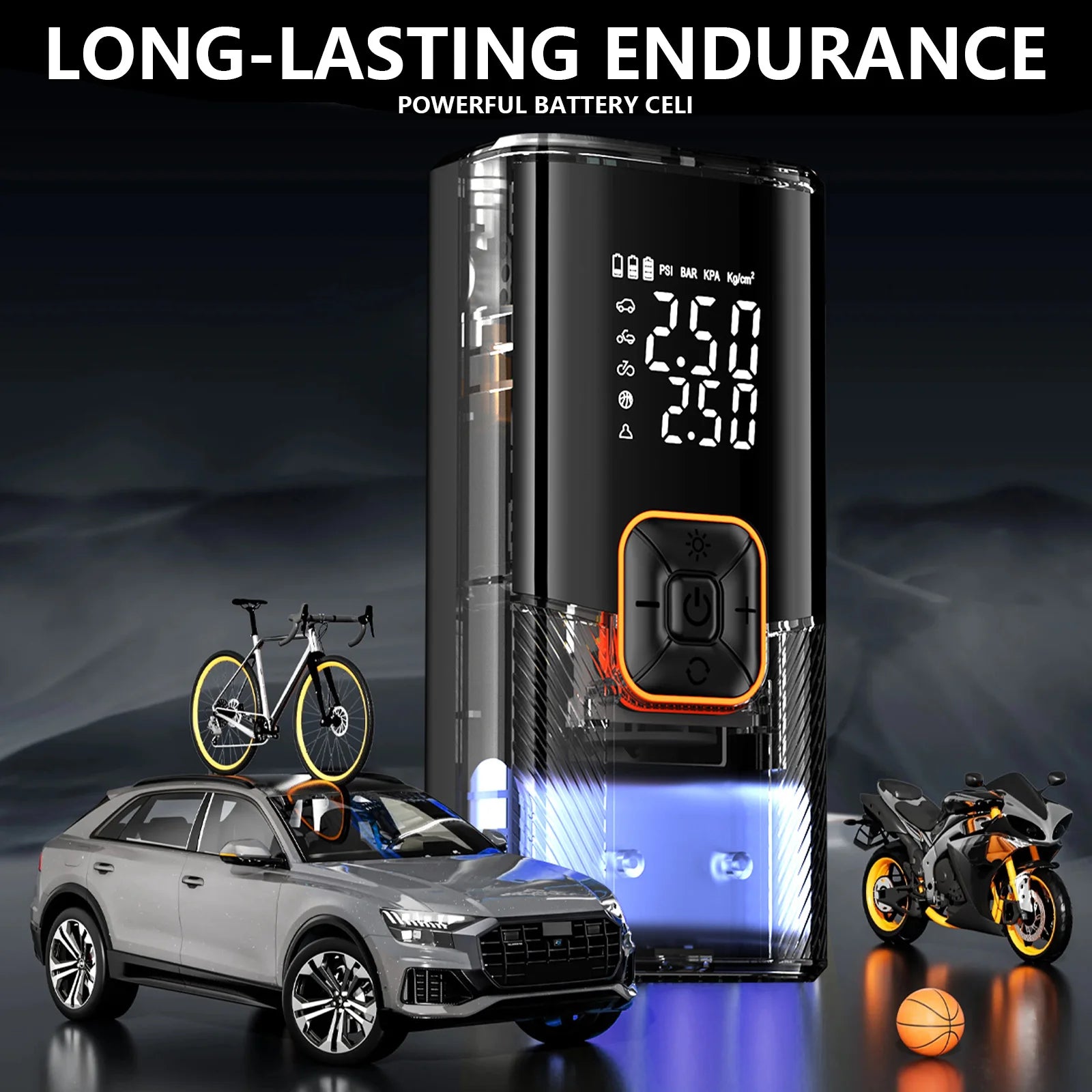 New Portable Cordless Air Pump For Car Tire Inflator With LED Light Large Capacity Battery USB C Fast Charging Electric Pump