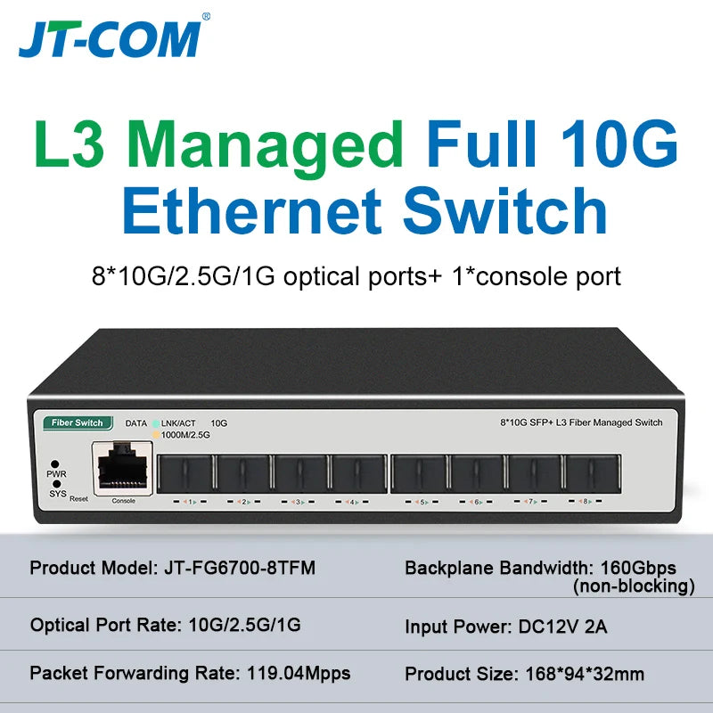 8-Port 10-Gigabit SFP+ L3 Managed Network Switch with DHCP Dynamic Routing VLAN Division And Port Aggregation Support