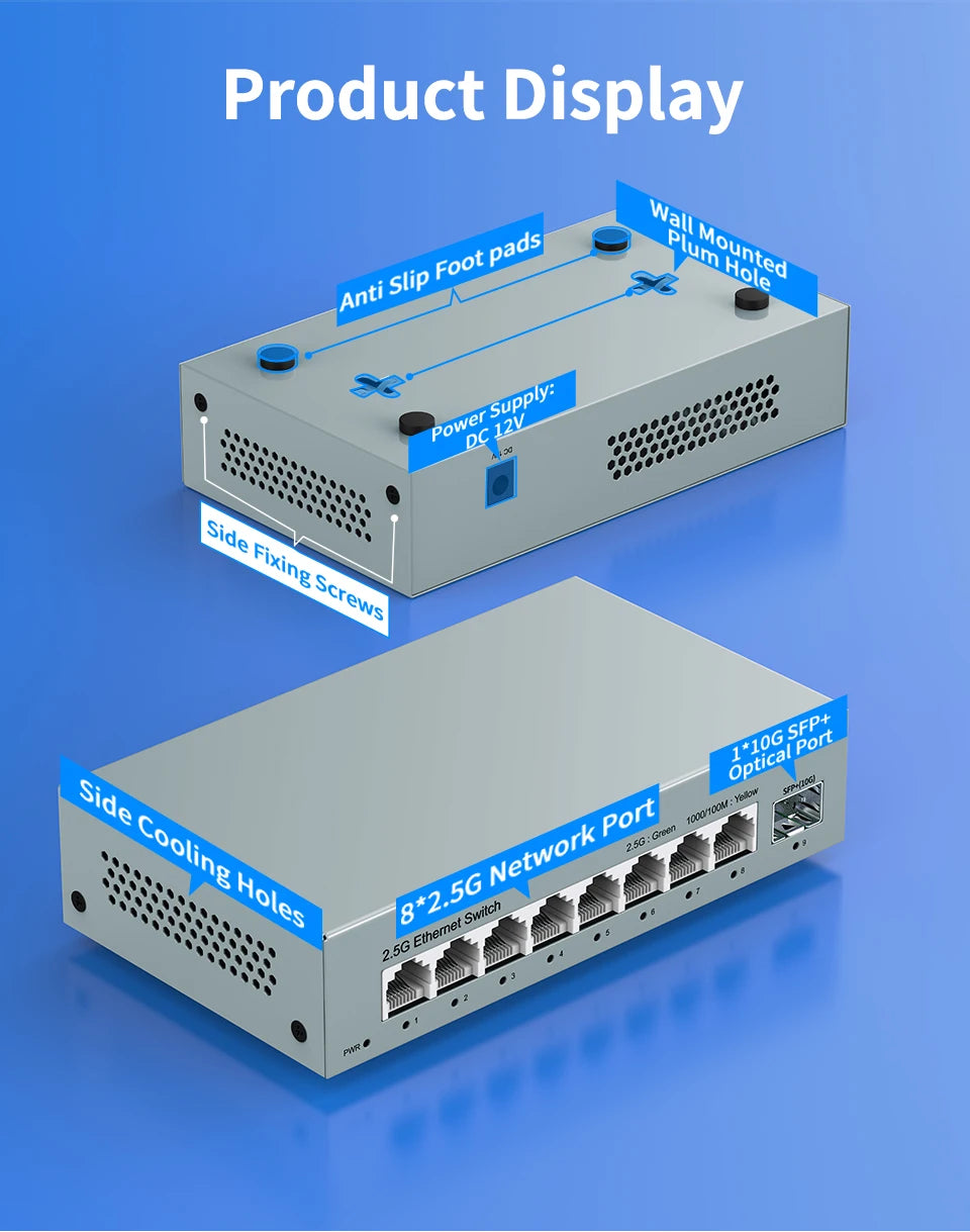 LIANGUO 2.5Gb 8 Port Network Switch 2.5Gbps Unmanaged Ethernet Switch with 10Gb SFP+ Slot Home Lab Small Setup Plug&Play Switch
