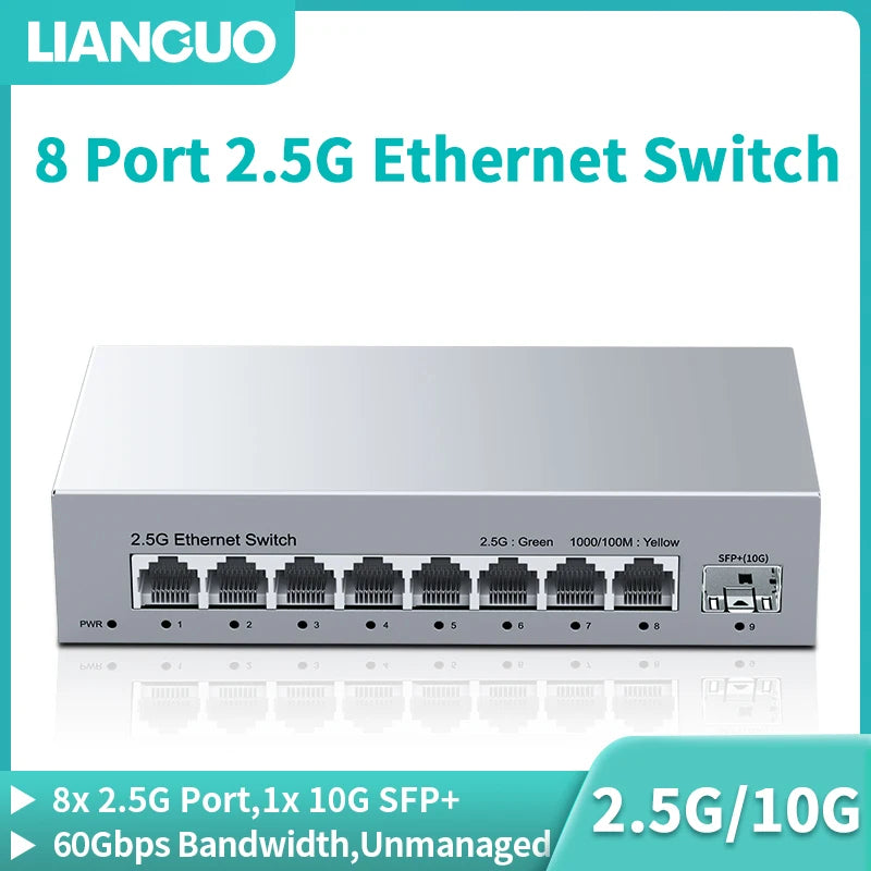 LIANGUO 2.5Gb 8 Port Network Switch 2.5Gbps Unmanaged Ethernet Switch with 10Gb SFP+ Slot Home Lab Small Setup Plug&Play Switch