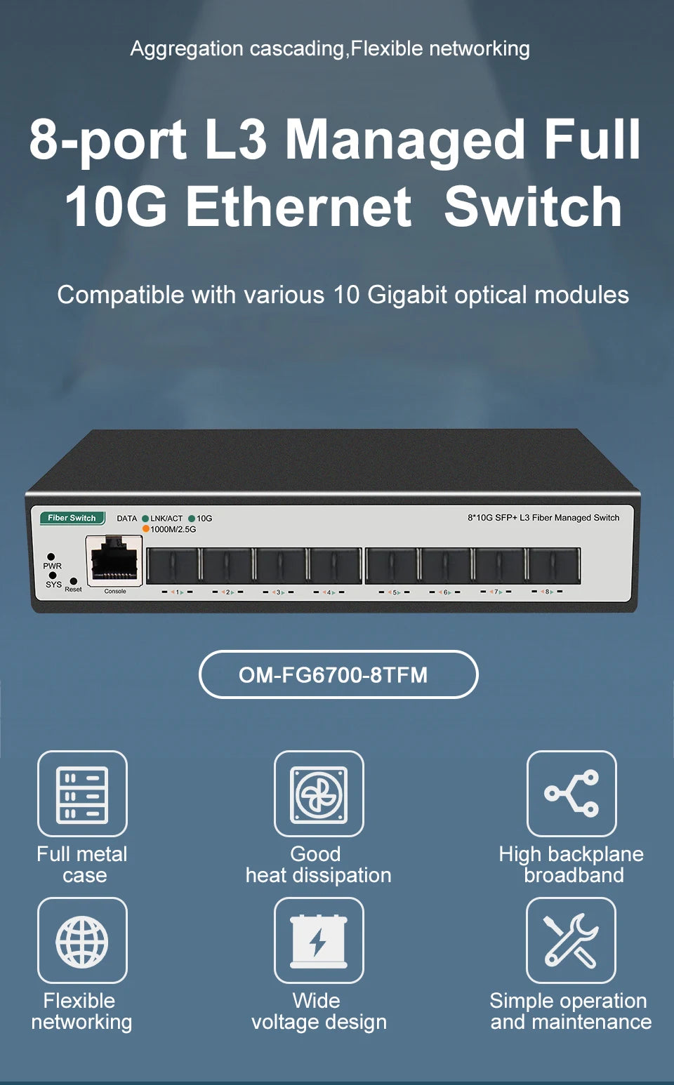 8-Port 10-Gigabit SFP+ L3 Managed Network Switch with DHCP Dynamic Routing VLAN Division And Port Aggregation Support