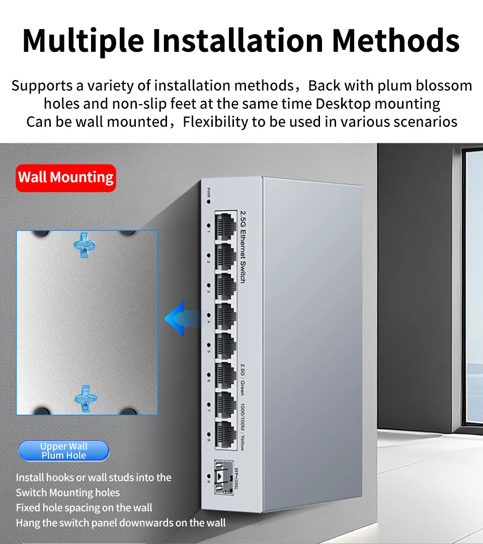 LIANGUO 2.5Gb 8 Port Network Switch 2.5Gbps Unmanaged Ethernet Switch with 10Gb SFP+ Slot Home Lab Small Setup Plug&Play Switch