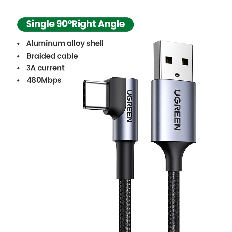UGREEN 90° Right-Angle USB C Cable L-Shaped Cord for iPhone 17 Samsung Xiaomi QC3.0 Type-C Fast Charging Elbow Cable for Gaming